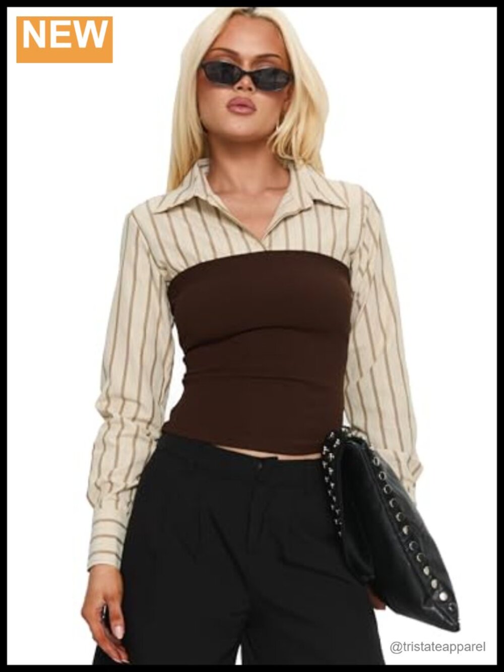 Layered Long Sleeve Cotton Striped Blouse Tailored Collared Top